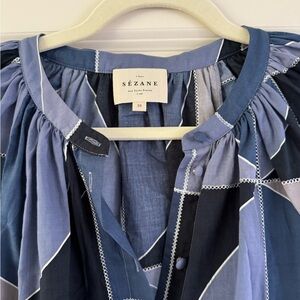 Sezane blue patchwork blouse. Looks great with white jeans or flared jeans.